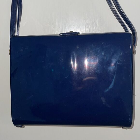 Unique Vtg 60s navy blue patent square box purse - Picture 5 of 12